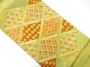 切りばめ　斜め格子に花模様織り出し　袋帯